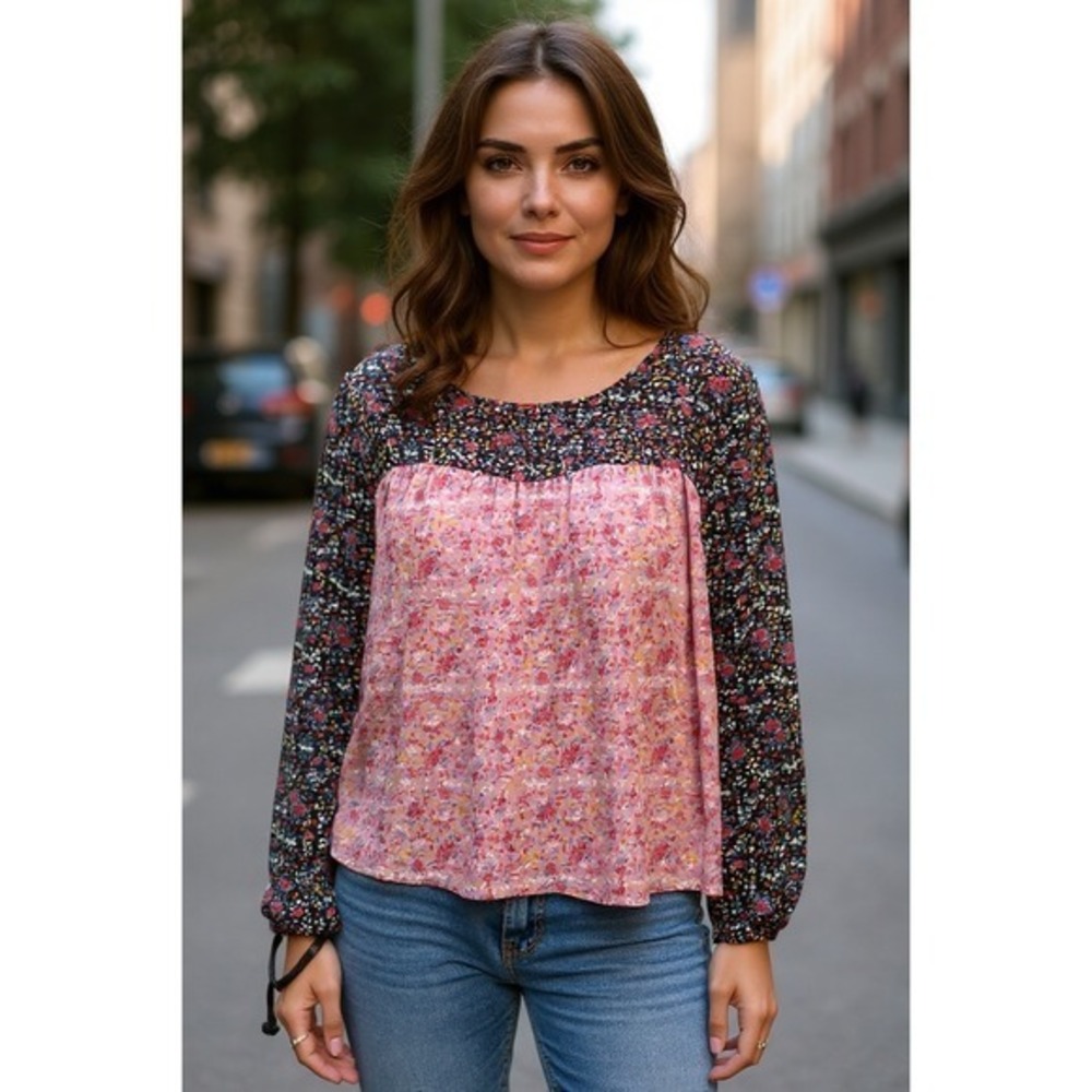 JustFab Floral Print Peasant Blouse Long Sleeve Women's Size XXL